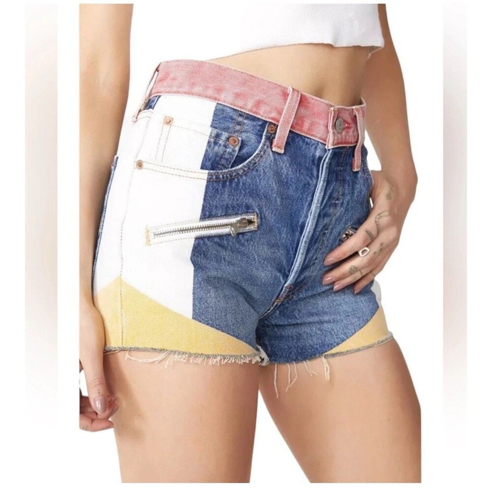 Levi's 501 Super Mario Denim Jean Shorts Women's color block fray hem Size 30